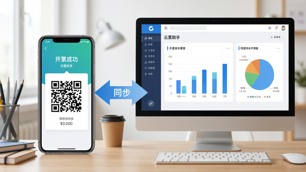 主体:手机与电脑并排显示云票助手界面,手机屏幕显示开票二维码,电脑屏幕显示统计报表。布局:左侧为手机,右侧为电脑,中间有数据同步箭头。排版:设备大小比例协调,界面清晰可见。风格:生活化场景,桌面有办公用品。细节:手机屏幕上有“开票成功”提示,电脑屏幕上有柱状图与饼图,箭头带有“同步”字样。画质:高清,干净,无多余元素。