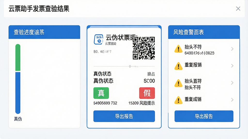 主体:云票助手发票查验结果页面,显示发票真伪状态与风险提示。布局:页面中央为发票信息卡片,左侧为查验进度条,右侧为风险预警列表。排版:信息分区明确,真伪状态用绿色“真”与红色“假”标识,风险预警用黄色感叹号图标。风格:简洁商务风,白色背景,蓝色边框。细节:发票卡片上印有二维码与校验码,风险列表包含“抬头不符”、“重复报销”等条目,底部有“导出报告”按钮。画质:高清,干净,无多余元素。
