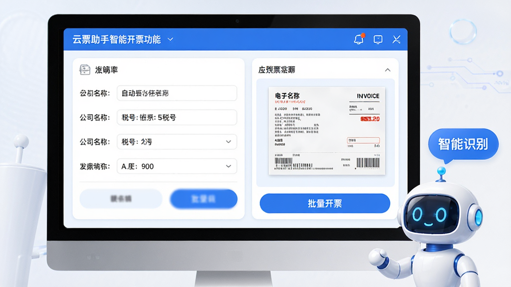 主体:云票助手智能开票功能界面,电脑屏幕上显示开票表单,旁边有机器人助手图标。布局:左侧为表单填写区域,右侧为预览发票样式,底部有“批量开票”按钮。排版:界面采用卡片式布局,信息字段清晰,按钮颜色醒目。风格:商务科技风,蓝白基调,圆角设计。细节:表单中自动填充公司名称与税号,发票预览区显示电子发票样张,机器人图标旁有“智能识别”文字气泡。画质:高清,干净,无多余元素。