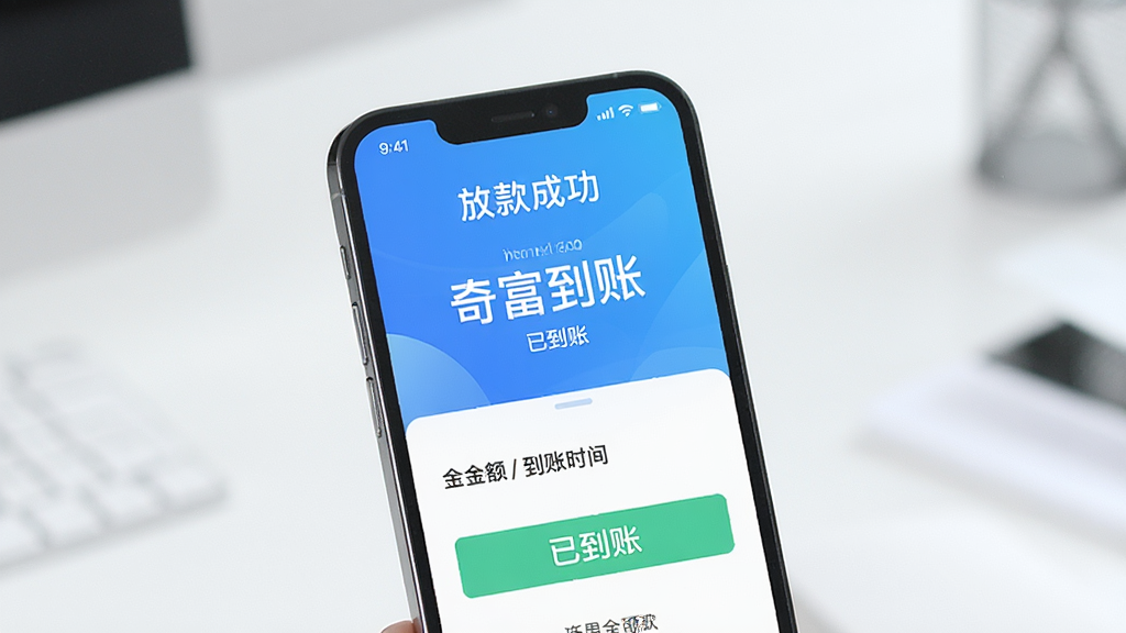 一张展示奇富周转灵极速放款功能的预览图,主体为手机屏幕上的放款成功页面,布局简洁,包含到账金额和到账时间信息,排版清晰,风格明亮,细节上突出“已到账”状态,画质高清,无多余元素