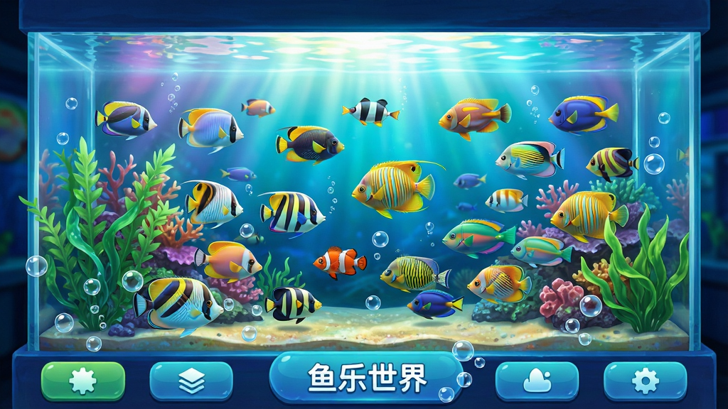 一张展示游戏主界面的高清截图,画面中央是一个色彩斑斓、灯火通明的巨型水族箱,内部游弋着各种形态各异的热带鱼,前景有飘动的水草和晶莹的气泡,界面下方是简洁的功能按钮,整体风格明亮、细腻、充满生机,画质高清干净,无多余元素,文字标注