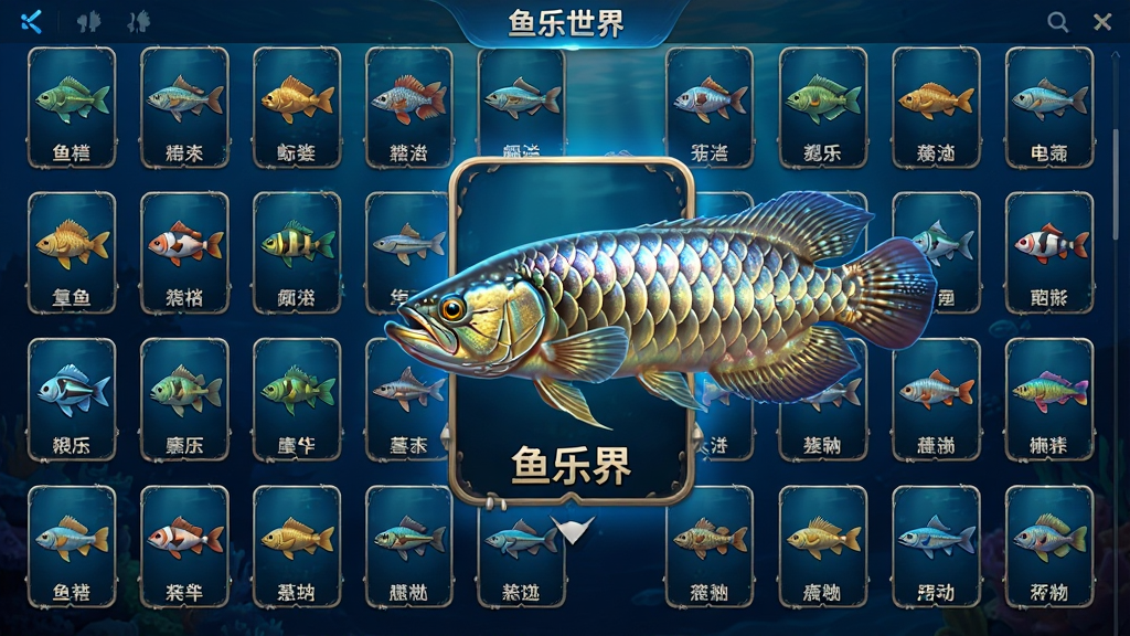 一张横向滚动的游戏鱼类图鉴界面,背景为深蓝色海洋,上面整齐排列着数十个鱼类卡片图标,每个图标下方标注着名称,其中一张卡片被放大显示,呈现出一种鳞片泛着金属光泽的罕见龙鱼,整体布局工整,风格精致,画质高清,文字标注