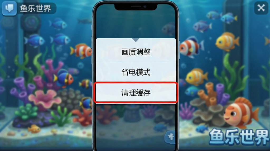 一张手机竖屏游戏截图,画面中显示游戏内弹出的一个设置菜单,背景是模糊处理的水族箱,菜单上有“画质调整”、“省电模式”、“清理缓存”等选项,其中一个选项被红色框选标注,整体风格简洁,功能指示清晰,画质干净,文字标注