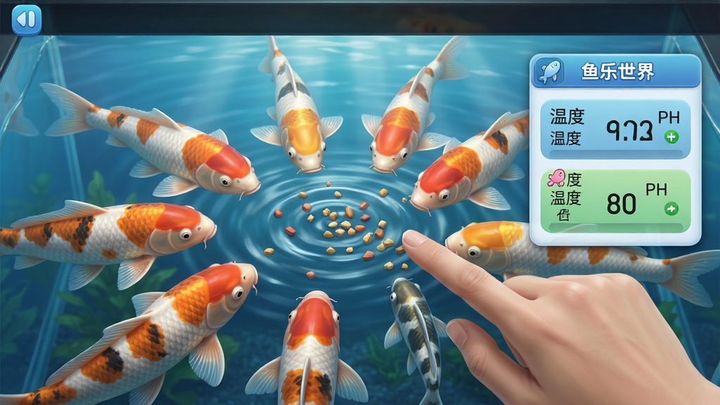 游戏画面展示一位玩家正在用手指滑动屏幕,将手中的鱼食撒入水族箱,水面上泛起细小涟漪,多条色彩鲜艳的锦鲤争相游来进食,画面右侧悬浮着水质监测面板,显示温度与PH值,布局清晰,风格写实细腻,画质干净明亮,文字标注