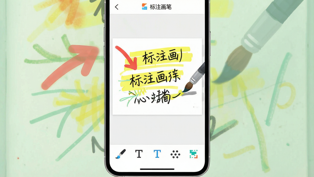 一幅现代简约风格的手机应用界面展示图,主体是标注画笔软件的编辑页面,屏幕中央显示一张带有红色箭头、黄色高亮和手写文字的示例图片,界面底部排列着画笔、文字、马赛克等工具图标,整体布局清晰,排版整洁,风格扁平化且色彩明快,细节上突出笔迹的圆润与流畅,画质高清干净,无多余元素,图片中文字标注为