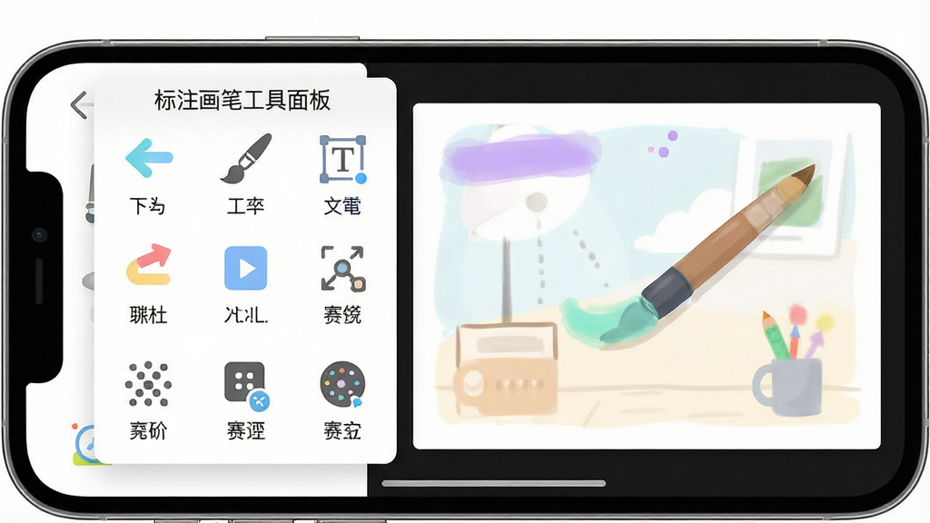 展示标注画笔软件的工具面板特写,画面主体为手机横屏界面,左侧悬浮着展开的工具栏,包含彩色箭头、画笔、文字框、马赛克等图标,每个图标下方标注中文名称,右侧是应用了多种标注效果的示例图片,布局采用左右分栏式,排版清晰,风格为扁平化UI设计,细节处展现工具图标的精致线条与柔和配色,画质干净明亮,无多余元素,图片中文字标注为