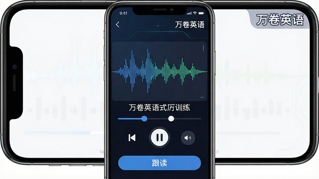 万卷英语APP沉浸式听力训练界面预览图,主体为手机竖屏播放页面,中央显示音频波形图,下方有播放/暂停按钮和变速调节选项,屏幕右上角标有“万卷英语”,布局居中,排版简洁,风格科技感,细节展示字幕区域与跟读按钮,画质高清,干净,无多余元素