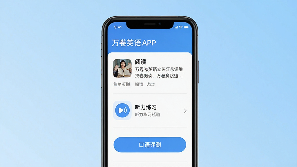一张展示万卷英语APP核心功能的宣传预览图,主体为手机界面截图,屏幕内显示“万卷英语”主页面,包含阅读文章列表、听力练习入口、口语评测按钮,背景为浅蓝色渐变,布局居中,排版干净,风格现代简约,细节呈现APP界面图标与文字清晰,画质高清,干净,无多余元素