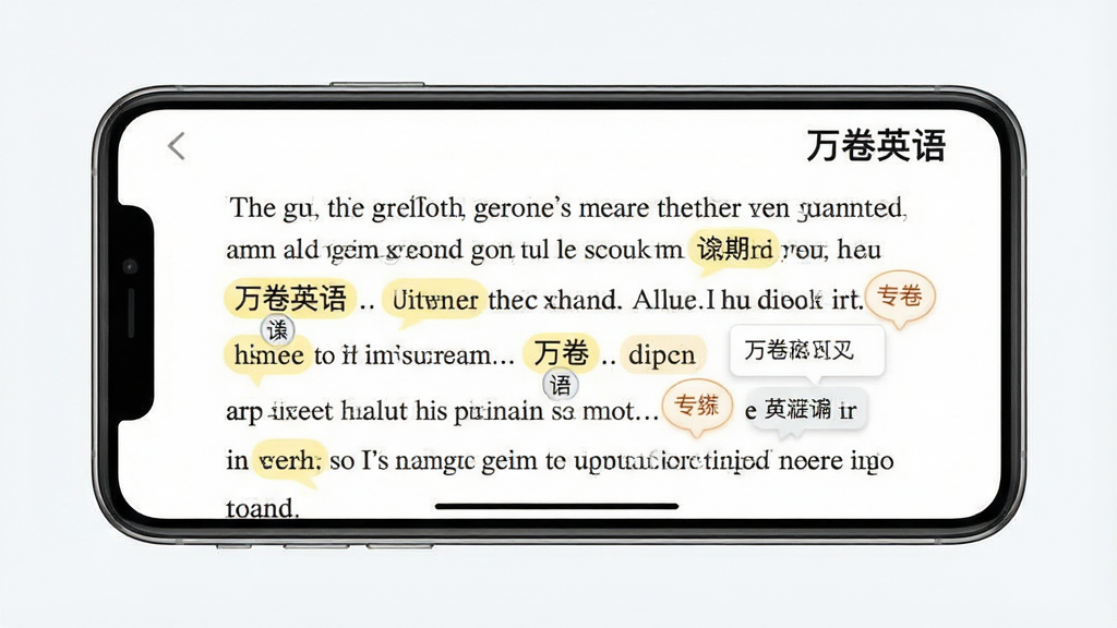 万卷英语APP智能分级阅读功能展示图,主体为手机横屏阅读界面,屏幕显示一篇英文文章,文中部分单词下方带有中文释义气泡,右上角显示“万卷英语”字样,布局为上下结构,排版清爽,风格写实,细节包含单词高亮、释义小卡片,画质清晰,干净,无多余元素