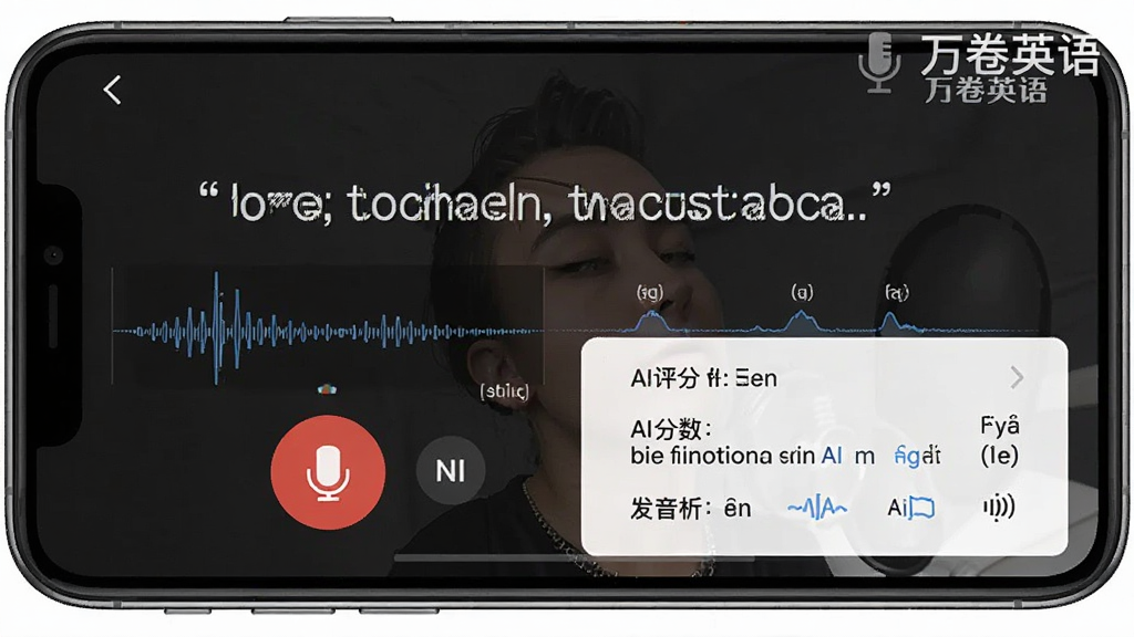 万卷英语APP口语跟读评测功能示意图,主体为手机界面,屏幕中央显示一句英文句子,下方有录音按钮,旁边显示AI评分结果,包括分数和发音分析,右上角有“万卷英语”水印,布局为左右结构,排版直观,风格简约,细节包含波形图与音标提示,画质清晰,干净,无多余元素