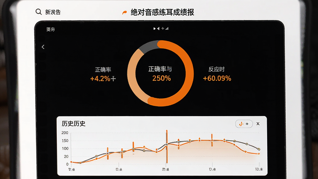 展示“绝对音感练耳”的成绩报告页面,屏幕中央有一个环形统计图,显示正确率与反应时间,下方有历史曲线图,整体以白色为背景,搭配橙色高亮数据,风格清新简约,画质清晰,无多余元素