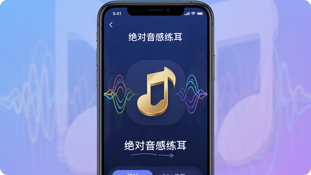 画面中央展示一款名为“绝对音感练耳”的手机应用界面,界面以深蓝色为主色调,中央有一个醒目的金色音符图标,音符周围环绕着彩色音波线条,背景为干净柔和的渐变蓝紫色,整体布局简洁现代,突出音乐训练主题,画质清晰,风格简约,细节丰富,无多余元素