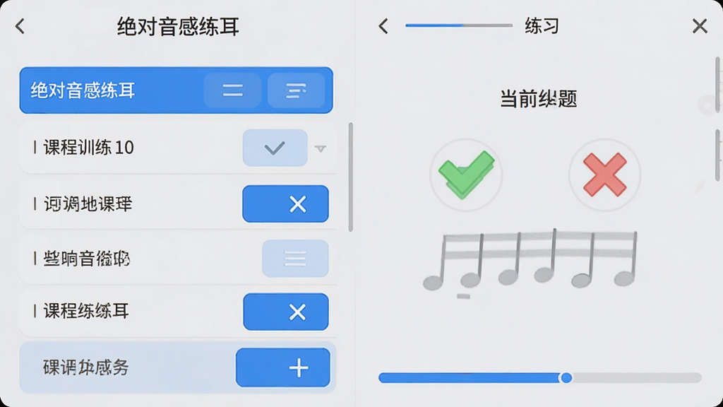 展示“绝对音感练耳”应用内的分级训练界面,左侧为课程列表,右侧为当前练习题,屏幕上显示绿色对勾与红色叉号反馈,底部有进度条,整体界面采用浅灰色背景搭配蓝色按钮,布局清晰,风格简洁现代,画质干净,无多余元素