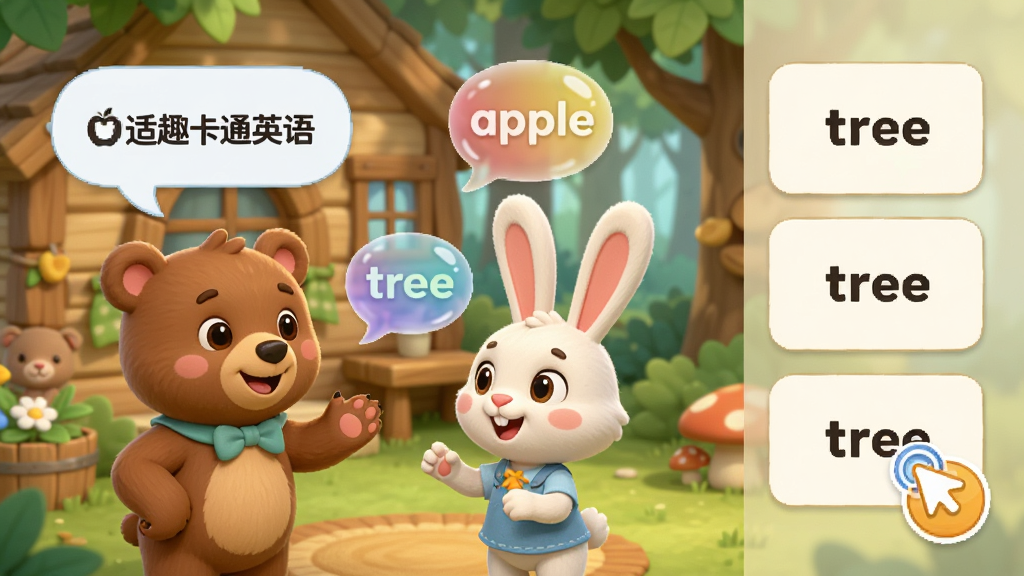 画面主体为“适趣卡通英语”动画情景,一只小熊和一只兔子在森林小屋里用英语对话,画面中浮现单词“apple”“tree”的彩色气泡,旁边有互动点击图标。布局为横向宽幅,左侧是角色对话气泡,右侧是单词卡片。风格明亮卡通,色彩柔和,细节丰富,画质清晰,干净无杂物。