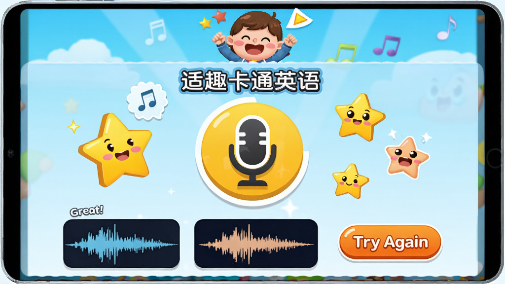 画面主体为“适趣卡通英语”语音评测界面,一个麦克风图标在屏幕中央,周围有卡通星星和笑脸,下方是三个发音波形图,旁边有“Great!”“Try Again”按钮。布局简洁居中,上方为卡通角色加油动画。风格活泼明快,色彩鲜艳,细节清晰,画质高清,无多余元素。
