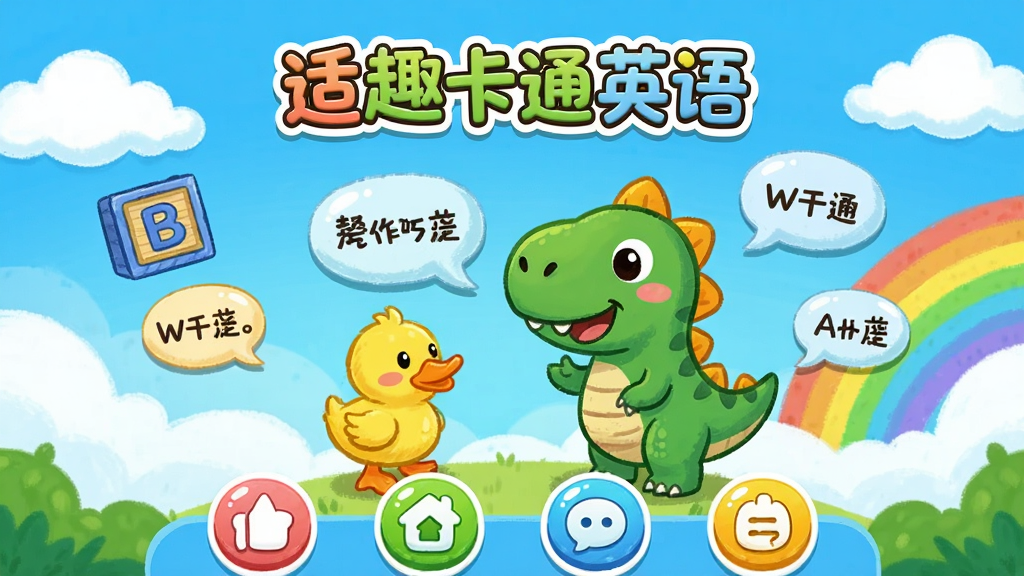 画面主体为“适趣卡通英语”APP界面,中央是一只可爱的卡通恐龙和一只黄色小鸭在对话,周围漂浮着字母积木和单词气泡,背景是明亮的蓝天白云和彩虹。布局采用居中构图,上方显示“适趣卡通英语”彩色Logo,下方是几个圆形功能按钮图标。整体风格卡通手绘,色彩鲜艳饱和,细节丰富,画质高清,干净无多余元素。