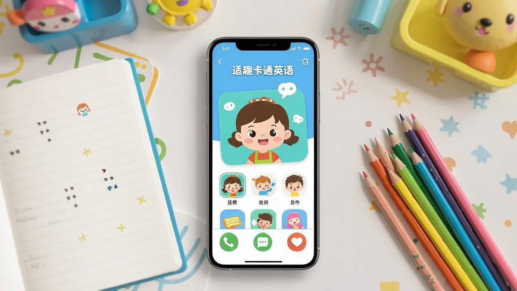 画面主体为“适趣卡通英语”使用场景,一部手机竖屏显示应用主界面,旁边有一本打开的笔记本和彩色铅笔,背景是儿童书桌。布局为俯拍视角,手机居中,周围有学习道具。风格写实与卡通结合,光线明亮,细节清晰,画质干净。