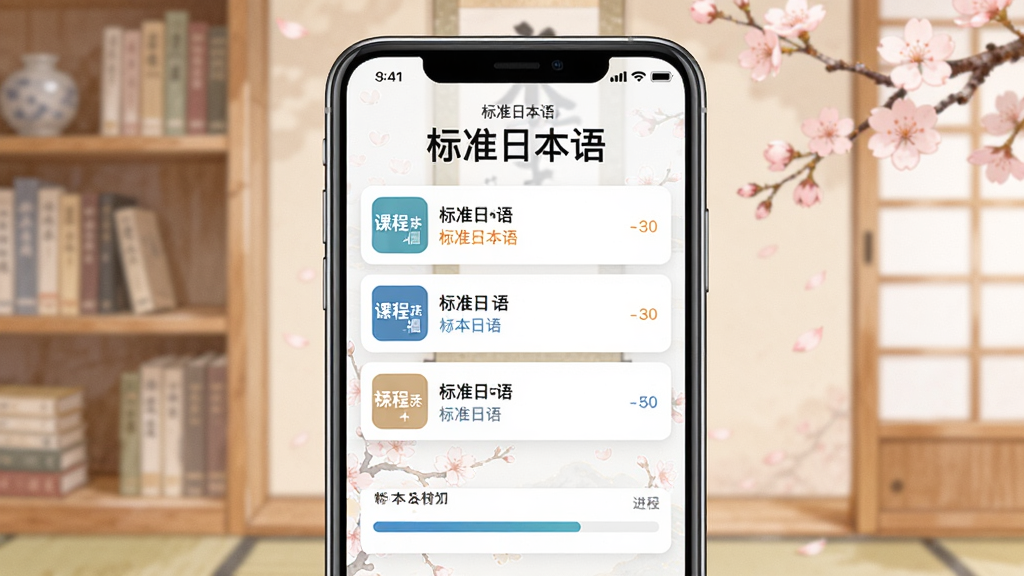 主体为一部智能手机屏幕特写,屏幕中显示《标准日本语》App的主界面,界面顶部有“标准日本语”字样,下方展示课程列表和进度条,背景为淡雅的日式风格,书架与樱花元素点缀,布局居中,排版清晰,风格写实明亮,细节丰富,画质高清干净,无多余元素