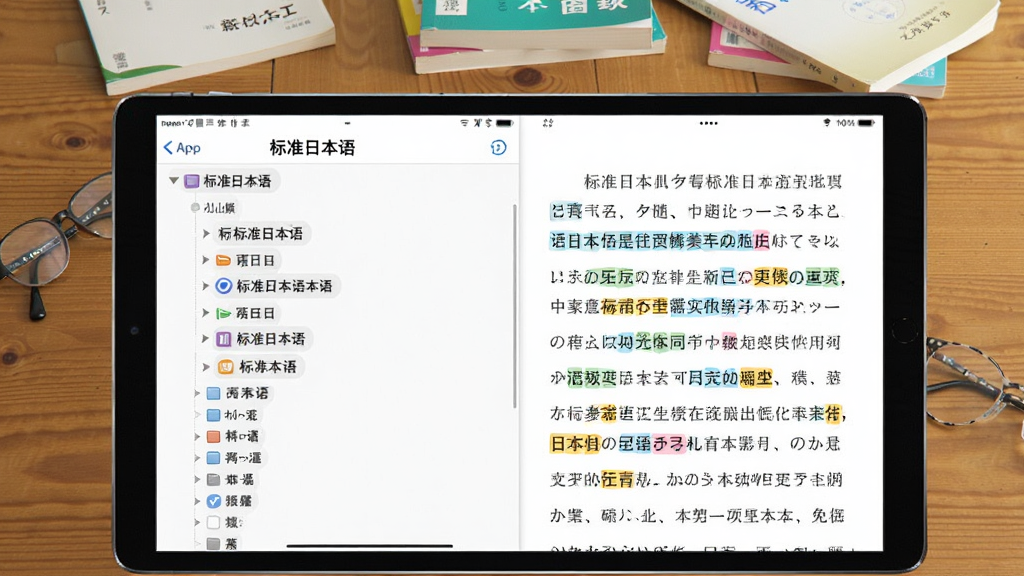 主体为打开《标准日本语》App的电子课本界面,左侧显示目录树,右侧展示课文正文,文字清晰,重点词汇用彩色标注,背景为木色书桌,上方散落几本纸质教材,布局左右对称,排版整齐,风格清新自然,细节丰富,画质高清干净,无多余元素