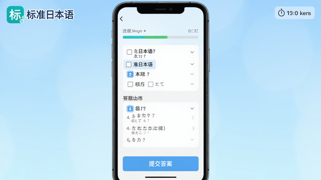 主体为《标准日本语》App的单元测试界面,屏幕上显示选择题与答题卡,底部有“提交答案”按钮,背景为淡蓝色渐变,左上角有“标准日本语”Logo,布局居中,排版简洁,风格扁平清爽,细节包括进度条与计时器,画质干净无多余元素
