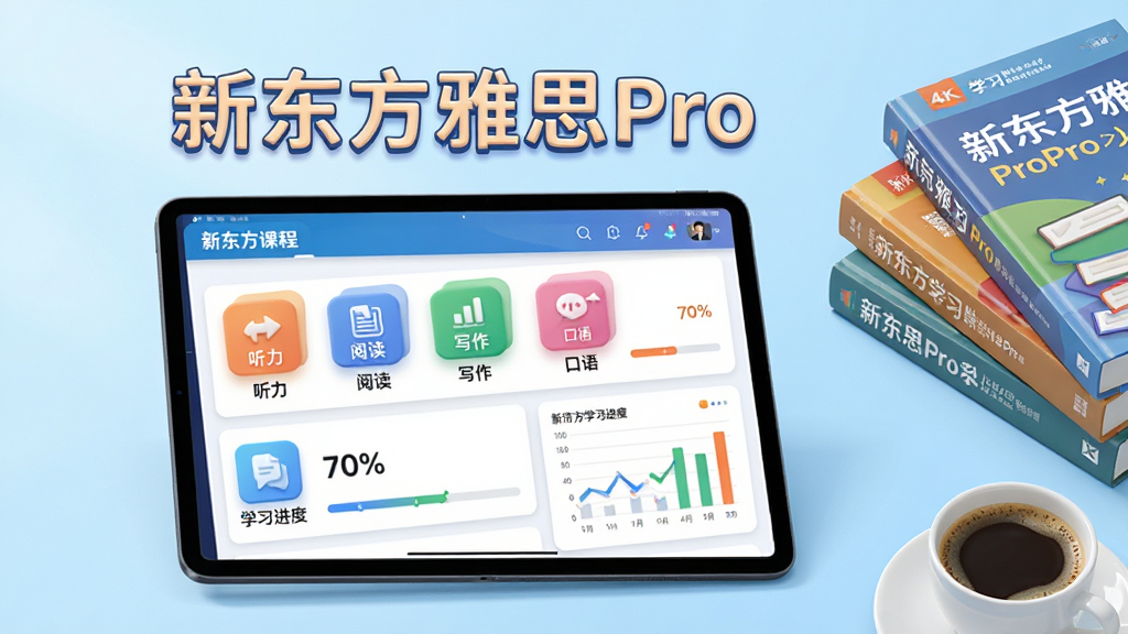 主体:新东方雅思Pro学习软件界面展示,画面中央是平板电脑,屏幕上显示色彩鲜明的雅思课程列表与学习进度图表。布局:平板电脑置于画面中心偏左,右侧搭配几本雅思备考书籍和一杯咖啡,背景为干净的浅蓝色渐变。排版:整体采用中心构图,文字