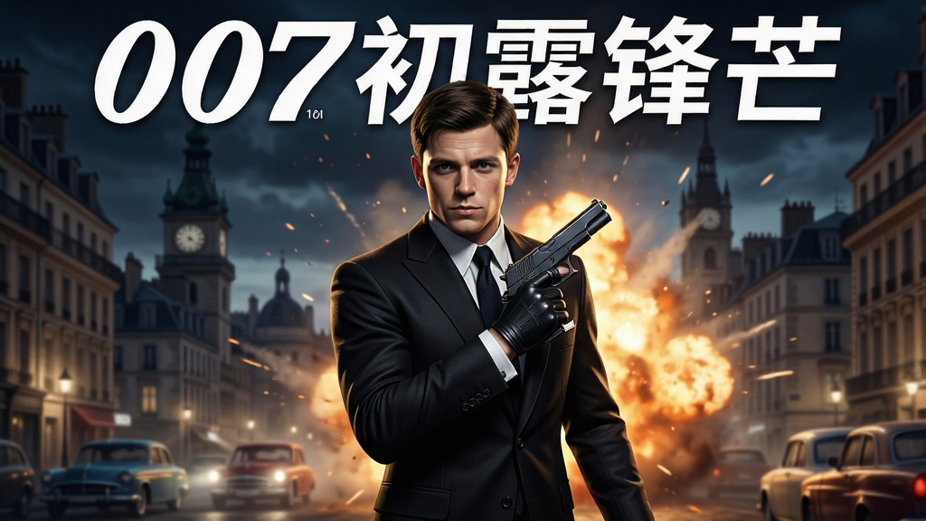 主体:《007初露锋芒》游戏主视觉图,年轻邦德身穿黑色西装,手持手枪,背景是欧洲城市夜景与爆炸火光,布局:人物居中,背景环绕,排版:游戏标题“007初露锋芒”置于画面上方,风格:写实电影风,细节:西装纹理、光影效果、烟雾粒子,画质:4K高清,干净,无多余元素