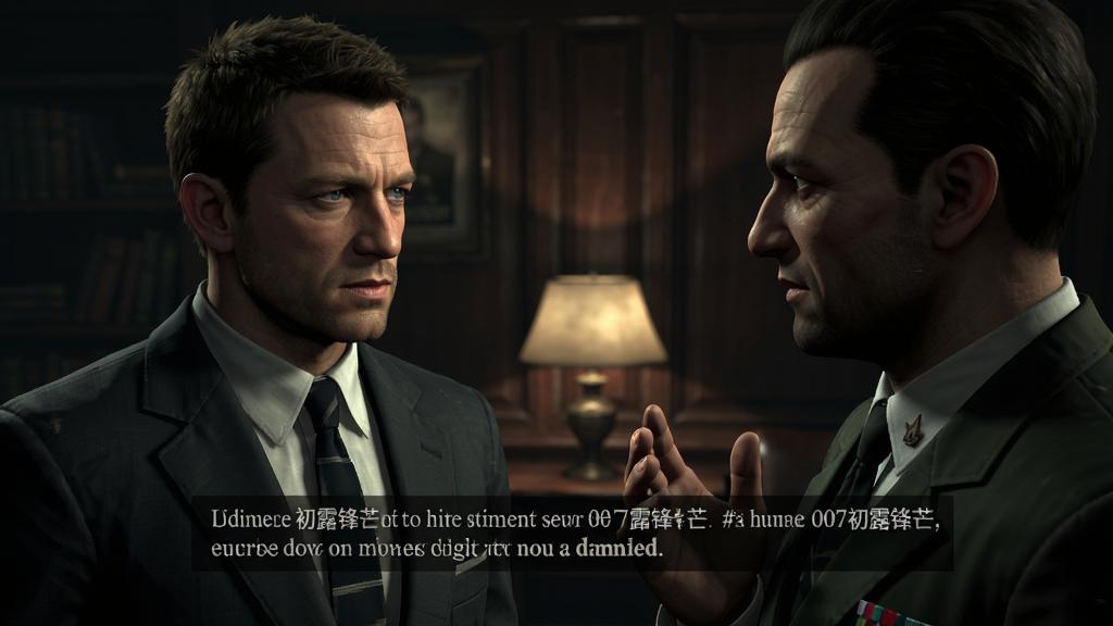 主体:《007初露锋芒》游戏剧情过场画面,邦德与反派对话,布局:双人近景对话,排版:屏幕下方显示对话字幕,风格:电影镜头感,细节:面部表情、场景灯光、服装细节,画质:高清渲染,干净,无多余元素