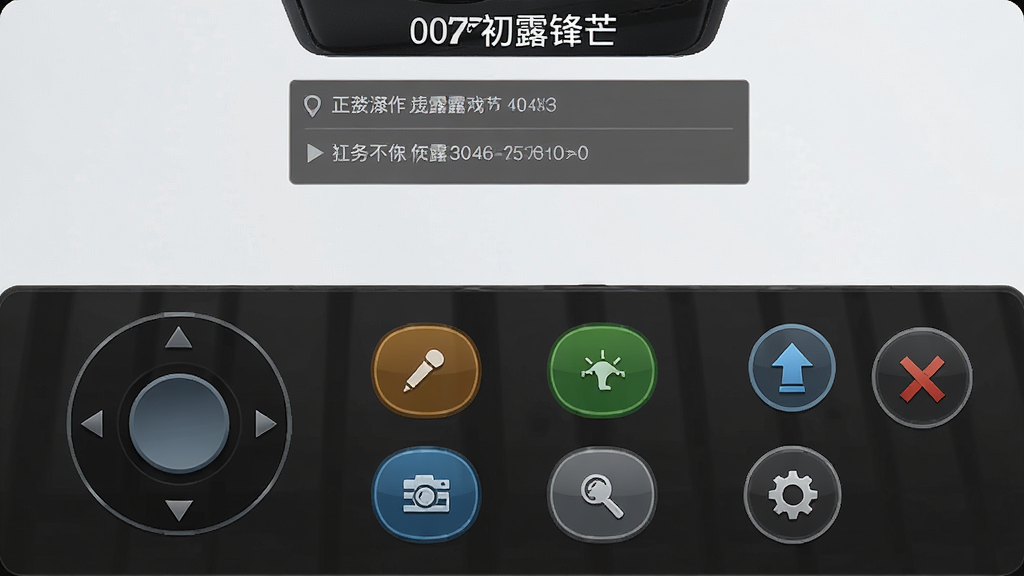 主体:《007初露锋芒》游戏操作界面,显示虚拟摇杆与按钮,布局:屏幕下方为操作区,上方为任务提示,排版:清晰的功能按钮标识,风格:简洁UI,细节:按键大小适中、图标风格统一,画质:高清,干净,无多余元素