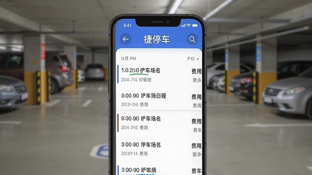 һ��չʾ��ͣ��App���ֻ����������е���Ƭ���ֻ���Ļ��ʾͣ����¼�б�������ʱ�䡢ͣ�������ơ����õ���Ŀ������Ϊģ����ͣ����������������дʵ�������������޶���Ԫ��