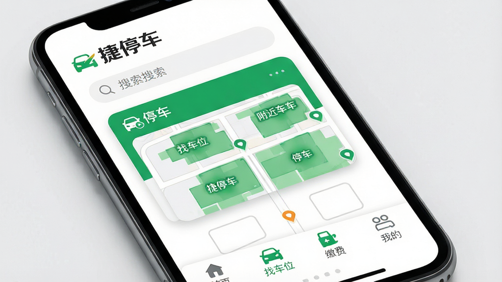 һ�������ֻ���Ļչʾ��ͣ��App�����棬���涥����ʾ����ͣ����Ʒ�Ʊ�ʶ���������в�����ɫ�Ͱ�ɫΪ��ɫ���ĵ�ͼ��Ƭչʾ����ͣ�����ֲ����ײ�Ϊ���ܵ�������������ҳ���ҳ�λ���ɷѡ��ҵĵ�ѡ��������ִ���Լ��UI��Ƹɾ���ˬ�����ʸ��壬�޶���Ԫ��