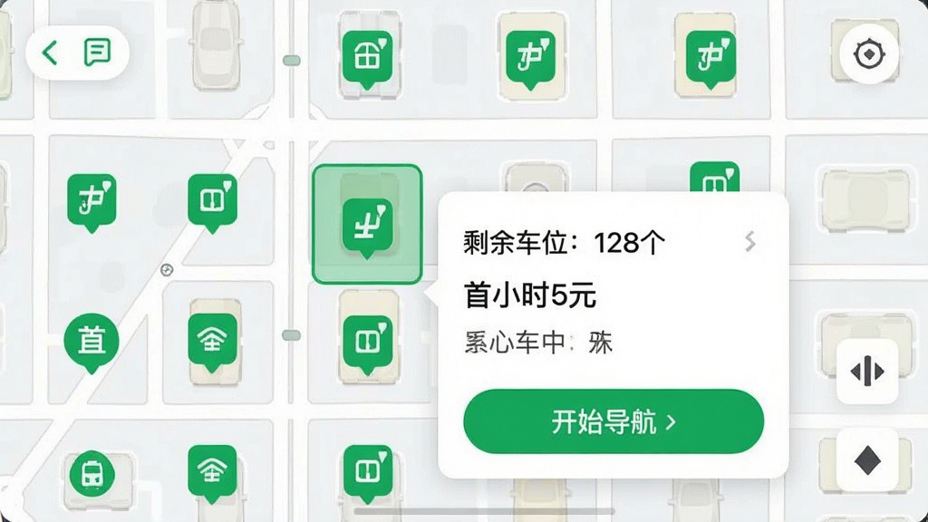 ��ͣ��App�ĳ�λ���ҽ����ͼ����ͼ�Ϸֲ������ɫͣ��λͼ�꣬����һ����ѡ�в��������鿨Ƭ����Ƭ��������ע��ʣ�೵λ��128����������Сʱ5Ԫ�������֣��ײ��С���ʼ�������İ�ť������UI�԰�ɫ����ɫΪ���������ֱ�ۣ����ʸɾ����޶���Ԫ��