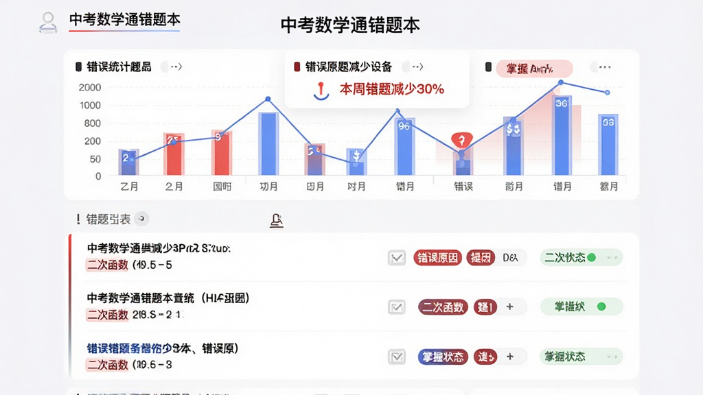 主体:中考数学通错题本界面;布局:上方为错题统计图表,下方为错题列表,每条错题显示题目、错误原因与掌握状态;排版:列表清晰,红蓝配色区分;风格:数据可视化,现代简约;细节:图表显示“本周错题减少30%”,列表中有“二次函数”等标签;画质:高清,干净整洁