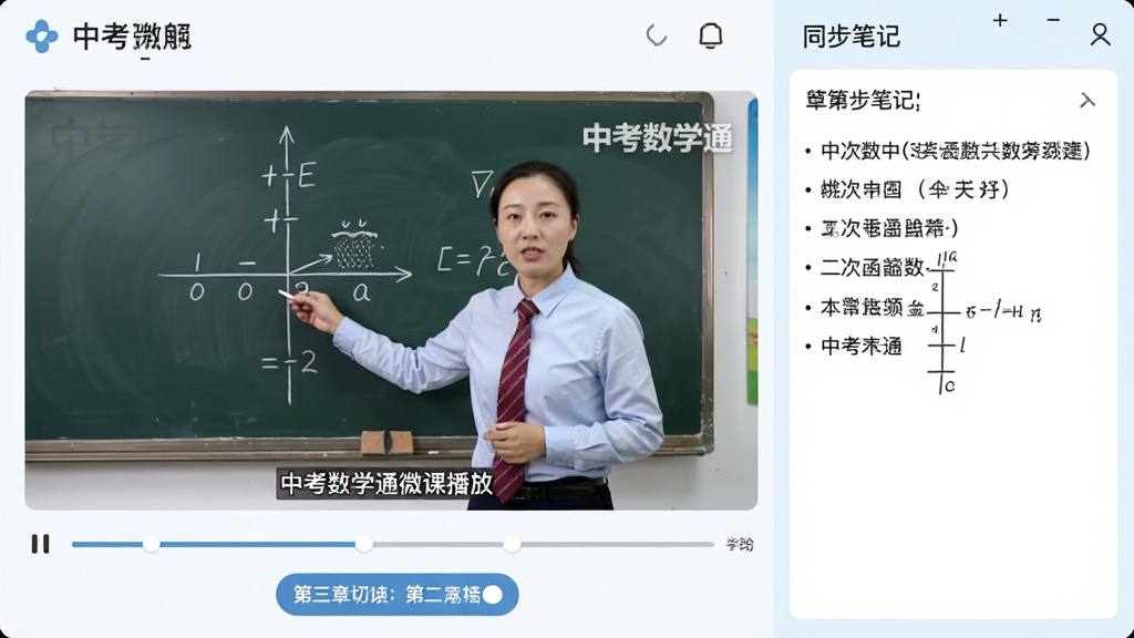 主体:中考数学通微课播放界面;布局:左侧为视频讲解,右侧为同步笔记区;排版:视频清晰,字幕同步,下方有进度条与章节切换按钮;风格:明亮简洁,教育风格;细节:视频中老师正在讲解二次函数图像,黑板上有“中考数学通”水印;画质:高清流畅,干净无多余元素