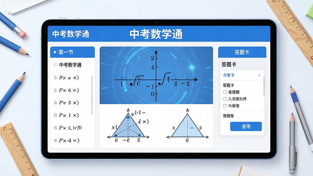 主体:中考数学通软件主界面,展示数学公式与习题;布局:中央显示函数图像与几何图形,左侧为章节列表,右侧为答题卡;排版:清晰分栏,现代扁平化设计;风格:教育科技感,蓝白主色调;细节:屏幕上有“中考数学通”字样,周围有铅笔、尺子等文具;画质:高清渲染,干净无多余元素
