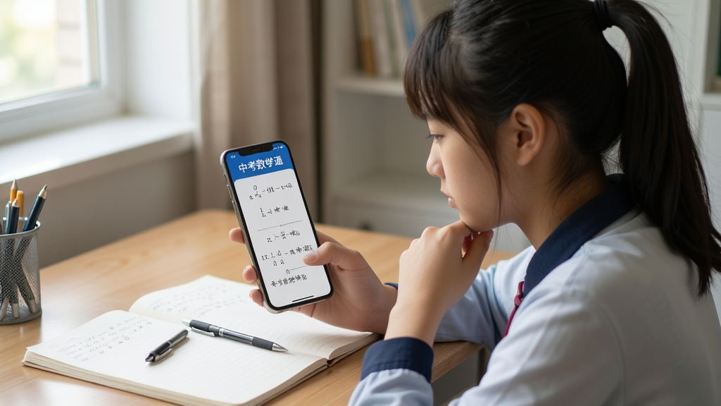 主体:学生使用手机学习中考数学通;布局:学生坐在书桌前,手机屏幕显示数学题,旁边有笔记本和笔;排版:自然光线,清晰可见;风格:写实摄影风格;细节:手机屏幕上有“中考数学通”字样,学生认真思考;画质:高清,干净无多余元素