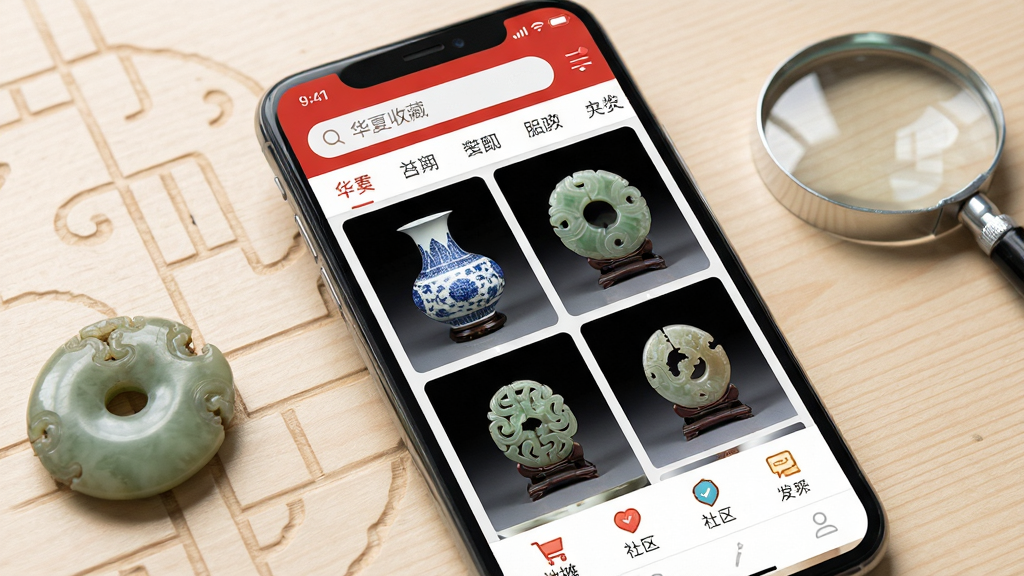 ��������Ϊһ�������ֻ���Ļ��д����Ļ��չʾ�����ղ�APP����ҳ���棬����������������ർ�����в�Ϊ�����Ĺ����������������ͼƬ�ٲ������ײ��е�̯���ס�������ͼ�ꡣ���ֲ��þ��й�ͼ���ֻ�΢΢��б������Ϊ���ŵ���ʽľ�����棬�ڷ�һС�������Ŵ󾵡����дʵ������ϸ�����������ʸɾ����޶���Ԫ�ء����ֱ�ʶ���������ղء���