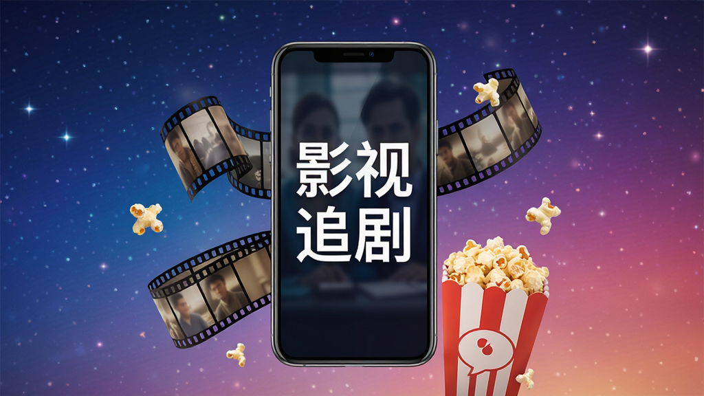 主体为一部正在播放热门剧集的智能手机,屏幕中显示“影视追剧”四个字,手机周围有电影胶片、爆米花等元素,背景为渐变色星空,布局居中,排版简洁,风格现代科技感,细节丰富,画质高清,干净无多余元素