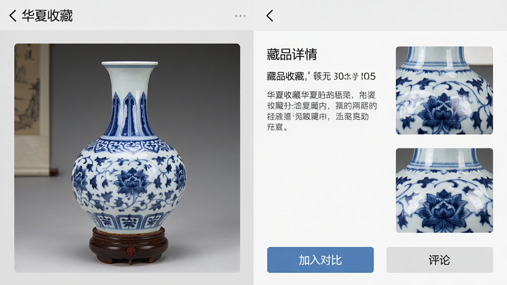 ����Ϊ�����ղ�APP�Ĳ�Ʒ����ҳ���棬���չʾһ���໨��ƿ�ĸ�����Ƭ���Ҳ�Ϊ���ֽ�����ϸ�ڷŴ�ͼ���ײ��С�����Աȡ��롰���ۡ���ť���������ҷ���������Ϊǳ��ɫ���������������ơ������ղء����������������ϸ���Ͻ������ʸɾ����޶���Ԫ�ء�