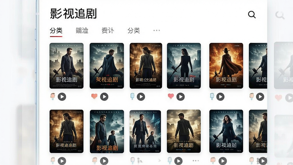主体为影视追剧应用界面,展示电影海报墙和分类标签,屏幕上方有“影视追剧”字样,布局为网格排列,排版整齐,风格简洁明亮,细节包括海报缩略图和播放按钮,画质清晰,干净无多余元素