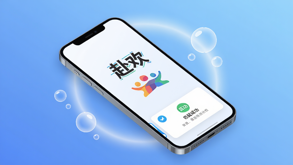 画面主体为一部亮屏的智能手机,屏幕中央显示“赴欢”二字及一个抽象的欢聚人物剪影Logo,手机斜放在渐变蓝色背景上,周围有柔和的光晕和漂浮的气泡图标,布局居中,排版简洁,风格现代扁平,细节包括屏幕上的匹配成功提示卡片,画质高清,干净,无多余元素