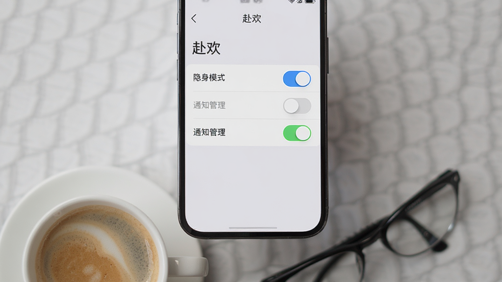 画面主体为一部手机屏幕特写,屏幕上显示“赴欢”的设置页面,页面中有“隐身模式”、“通知管理”等开关选项,背景为浅灰色,手机下方放着一杯咖啡和眼镜,布局居中,排版简洁,风格商务休闲,细节包括屏幕上的滑块开关,画质高清,干净,无多余元素