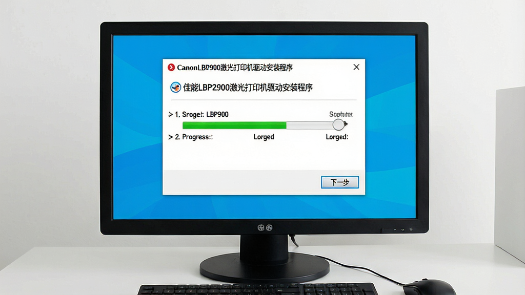主体:电脑屏幕显示佳能LBP2900驱动安装向导界面,鼠标点击“下一步”按钮。布局:屏幕居中,周围有简洁的桌面背景。排版:安装向导界面清晰,步骤指示明确。风格:扁平化UI风格,色彩明亮。细节:界面显示“佳能LBP2900激光打印机驱动安装程序”,进度条正在加载。画质:高清,干净,无多余元素。