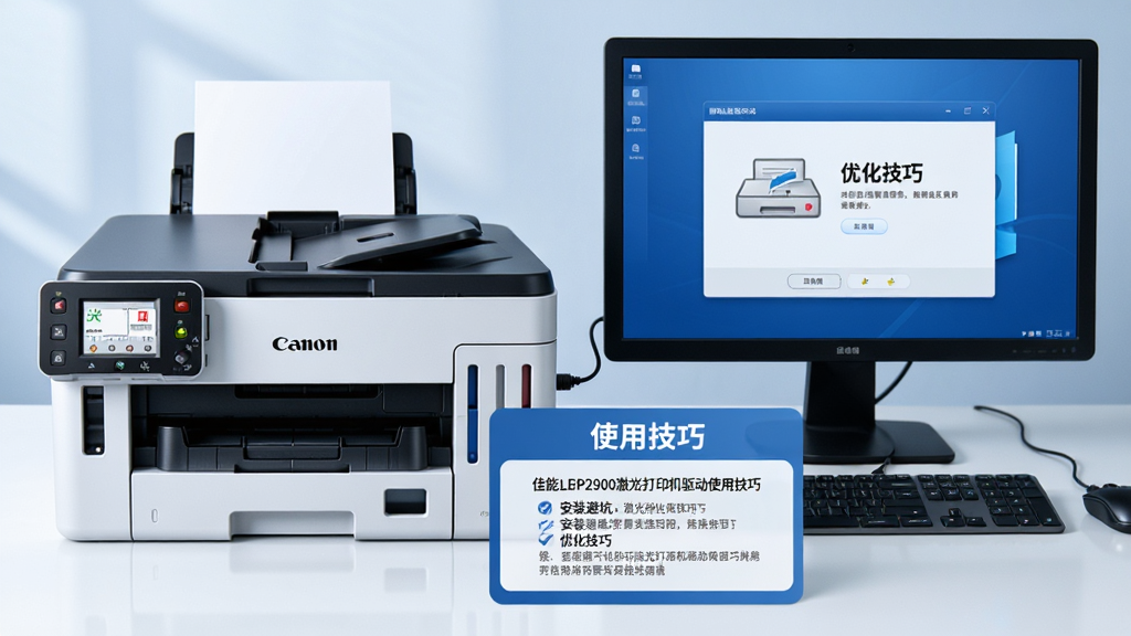 主体:一台佳能LBP2900打印机连接电脑,电脑屏幕显示驱动安装成功界面,旁边有“使用技巧”文字卡片。布局:打印机与电脑并排,卡片在下方。排版:文字卡片列举了“安装避坑”“优化技巧”等关键词。风格:简约商务风,蓝色调为主。细节:卡片上写有“佳能LBP2900激光打印机驱动使用技巧”字样。画质:高清,干净,无多余元素。