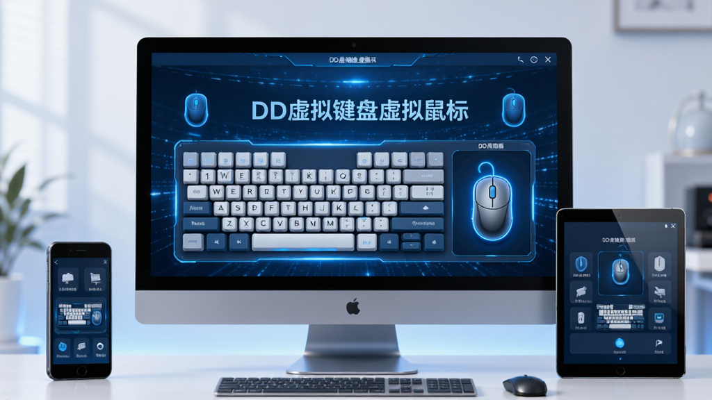 主体:DD虚拟键盘虚拟鼠标在电脑上运行,屏幕显示虚拟键盘与鼠标控制面板;布局:电脑屏幕居中,旁边有手机与平板设备示意;排版:操作界面清晰,图标有序;风格:科技感,蓝色调;细节:屏幕显示“DD虚拟键盘虚拟鼠标”文字,键盘与鼠标区域高亮;画质:高清渲染,干净无多余元素。