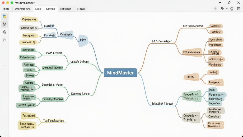 MindMaster思维导图软件主界面截图,展示中心主题向四周发散的分支结构,布局清晰,色彩柔和,界面整洁,现代扁平化设计风格,高分辨率,画质干净,无多余元素。