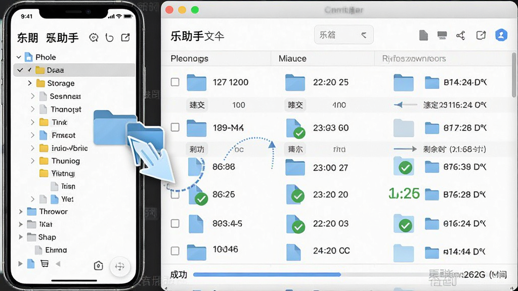 主体:乐助手文件管理界面,手机存储与电脑文件窗口并排,有文件拖拽动画;布局:左右分栏,左侧手机目录树,右侧文件列表,底部有传输进度条;排版:表格与列表混合,文件图标与大小、日期对齐;风格:商务简约,白色背景,浅灰色边框;细节:文件传输时显示速率和剩余时间,成功文件打勾标识;画质:高清水印,画面干净,无多余元素。
