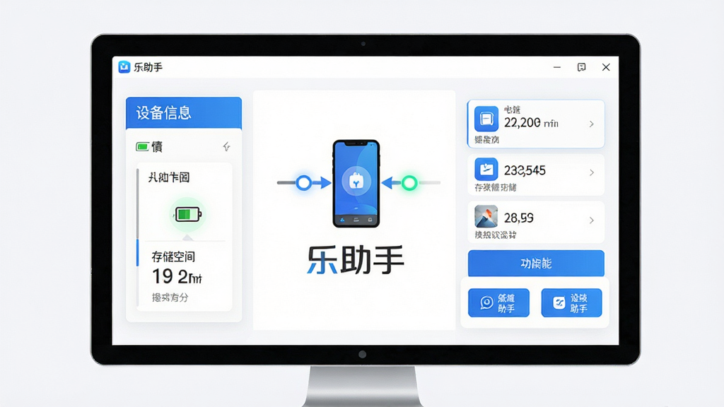 主体:电脑屏幕显示乐助手主界面,界面中有手机连接动画和