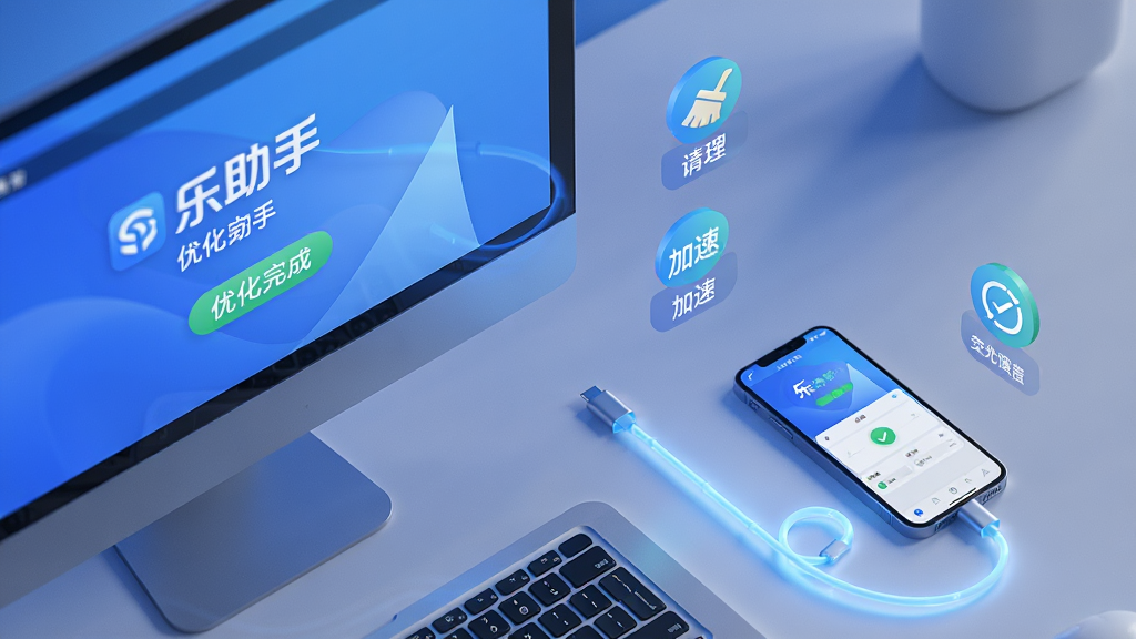 主体:电脑与手机通过数据线连接,屏幕显示乐助手界面,周围有优化图标如清理、加速等;布局:桌面场景,左侧电脑,右侧手机,中间连接线发光;排版:俯视角度,设备居中,背景简洁;风格:写实风格,光线柔和,蓝色调;细节:电脑屏幕显示