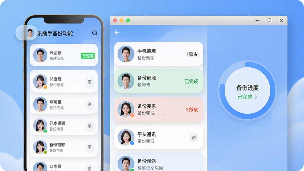 主体:乐助手备份功能界面,手机通讯录联系人列表与电脑备份文件窗口;布局:中央为联系人卡片,右侧为备份进度环;排版:圆形进度指示器与列表结合,色彩区分已备份和未备份项;风格:柔和圆角,蓝色渐变背景,白色卡片;细节:联系人头像与姓名显示,备份完成提示