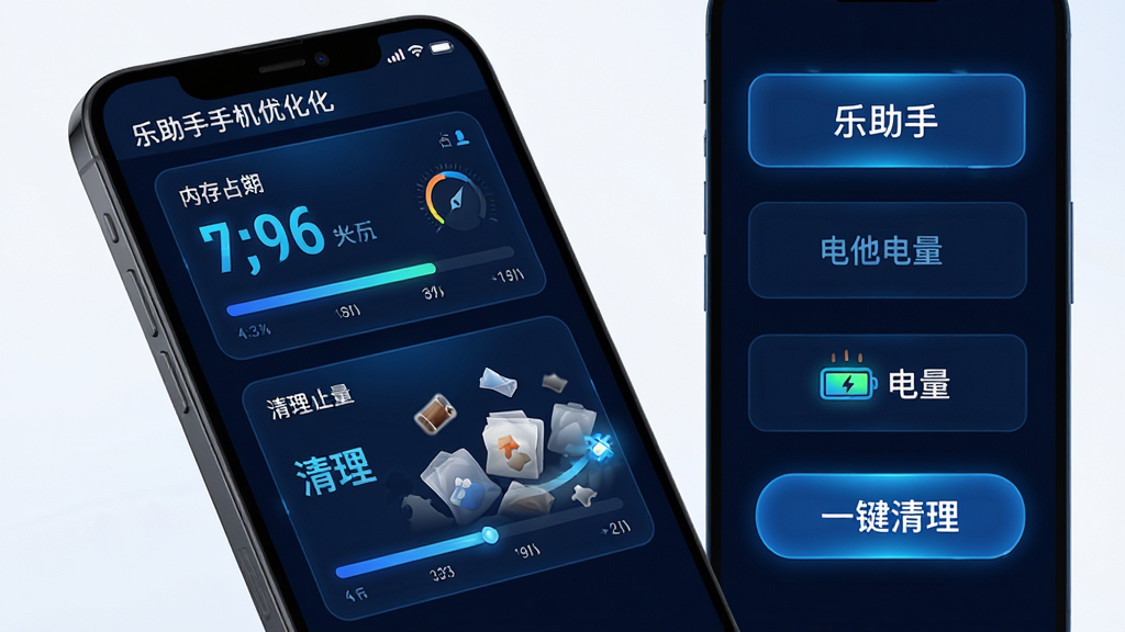 主体:乐助手手机优化界面,手机模型显示内存占用和电池电量,旁边有